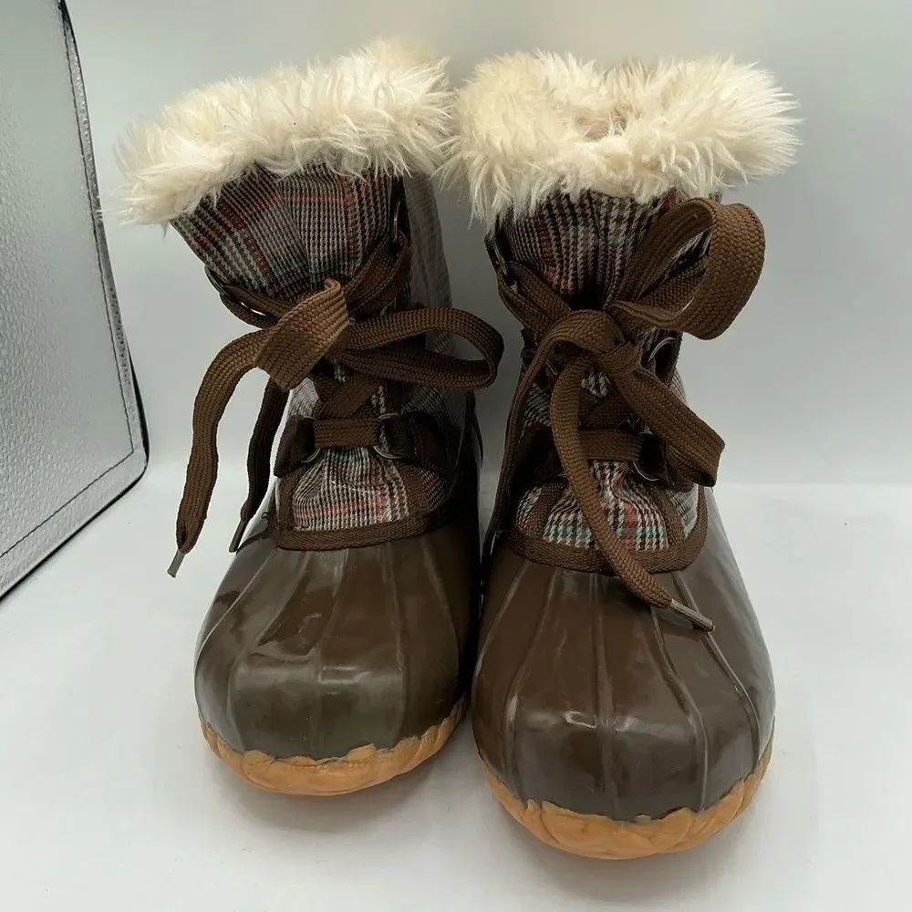 Sporto Plaid Duck Boots, brown rubber shell, faux fur lining size 10